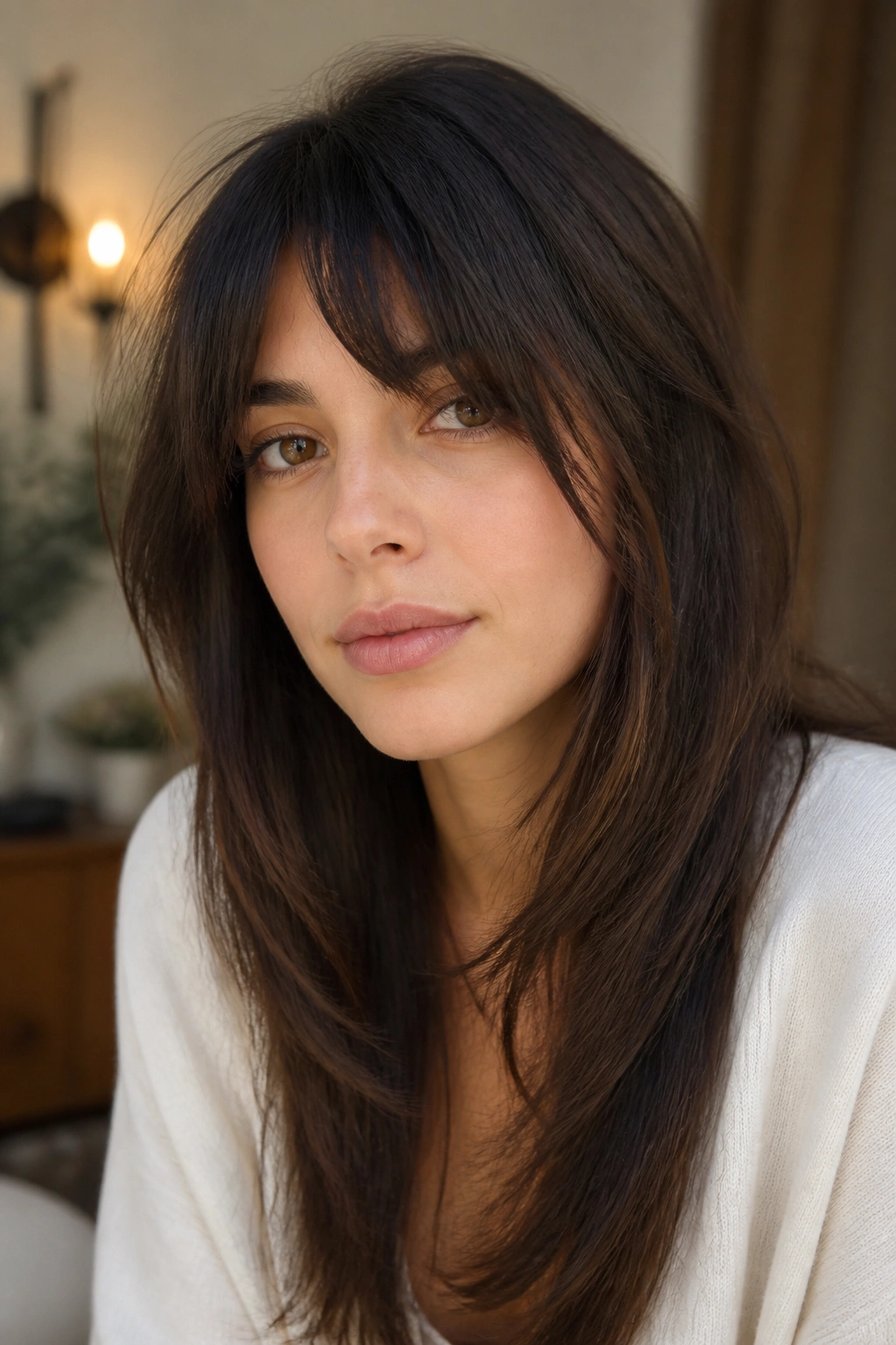 Portrait of a woman with long bangs and jaw-starting face-framing layers