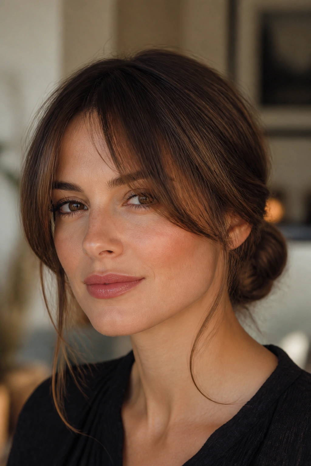 Close-up of a real woman with long bangs and a soft low bun in a cozy indoor setting