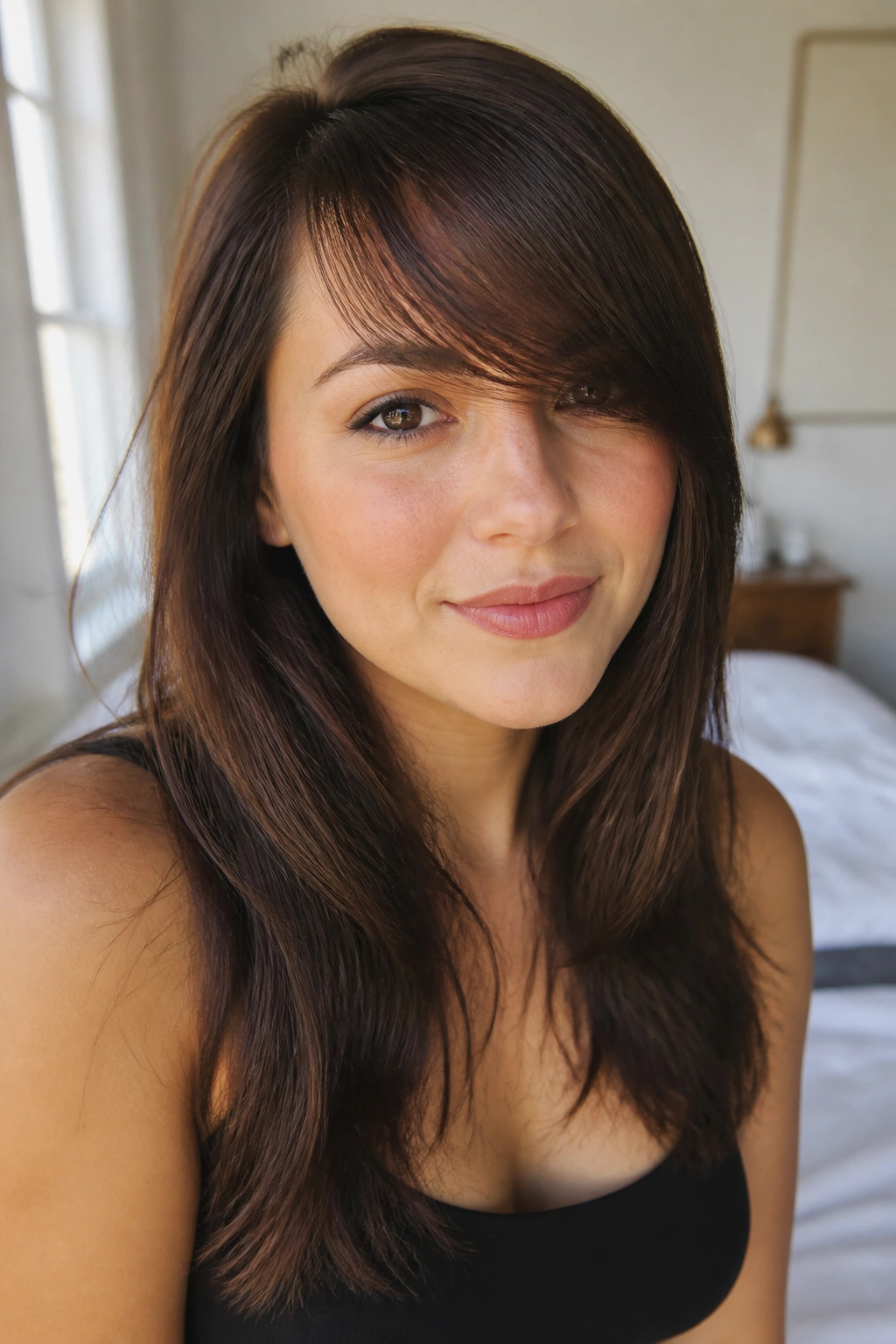 Close-up portrait of a real woman with long side-swept bangs brushing one brow
