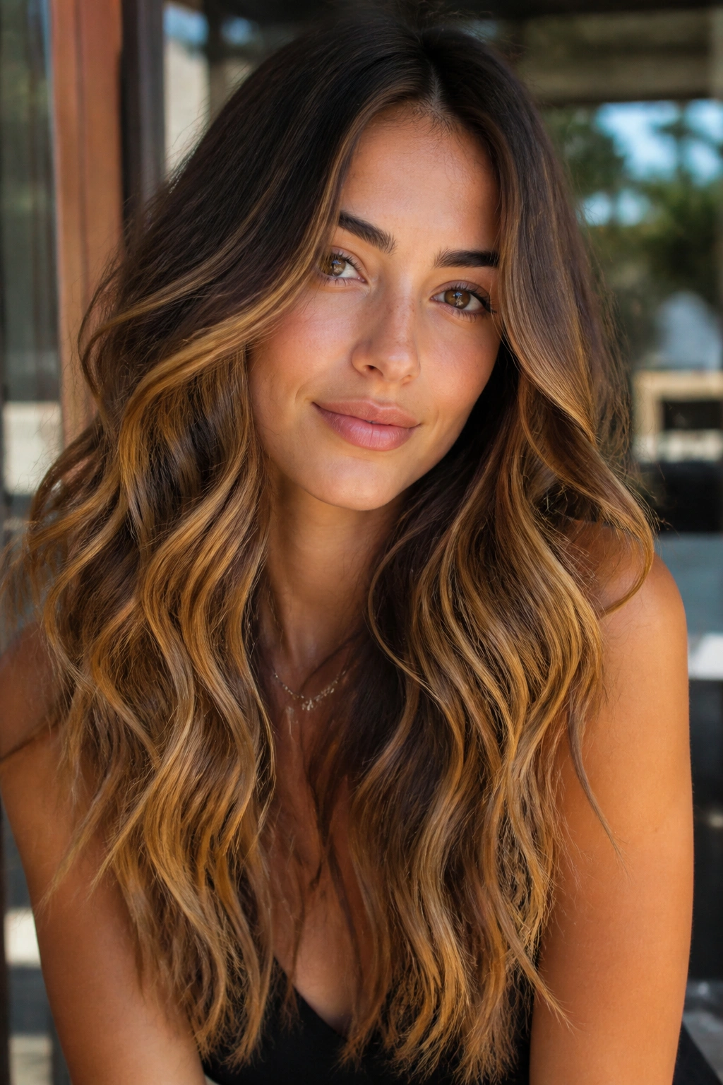 Portrait of a woman with long beachy waves and warm caramel gloss