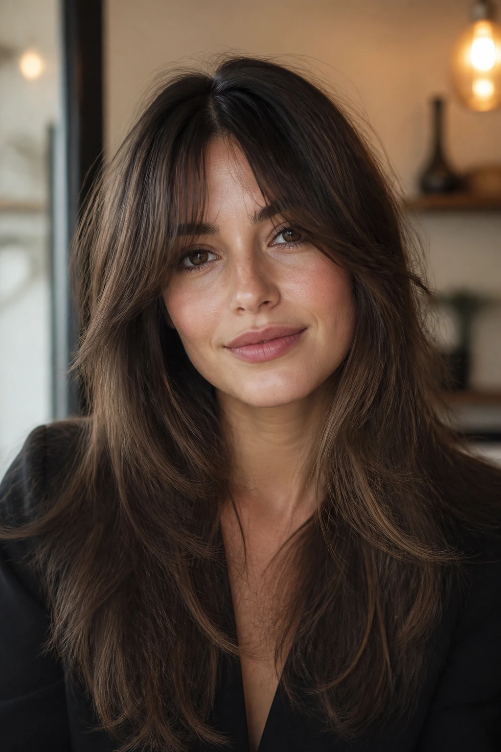 Close-up portrait of a real woman with long blended fringe and face-framing layers in warm indoor light