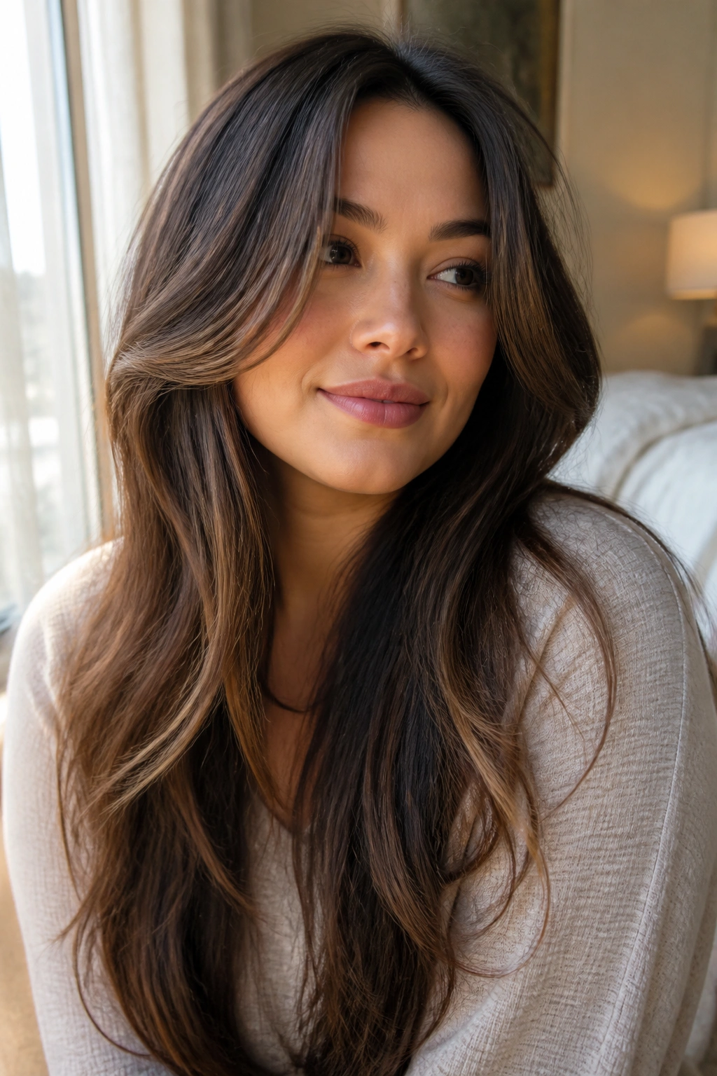 Close-up portrait of a real woman with long blended layers and a soft face frame, illuminated by warm natural window light.