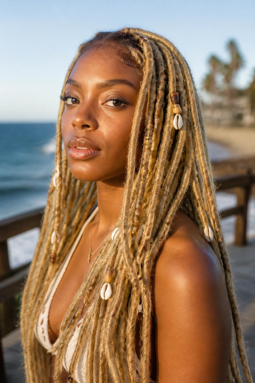 Medium close-up of a woman with long blonde locs beads and shells by the coast