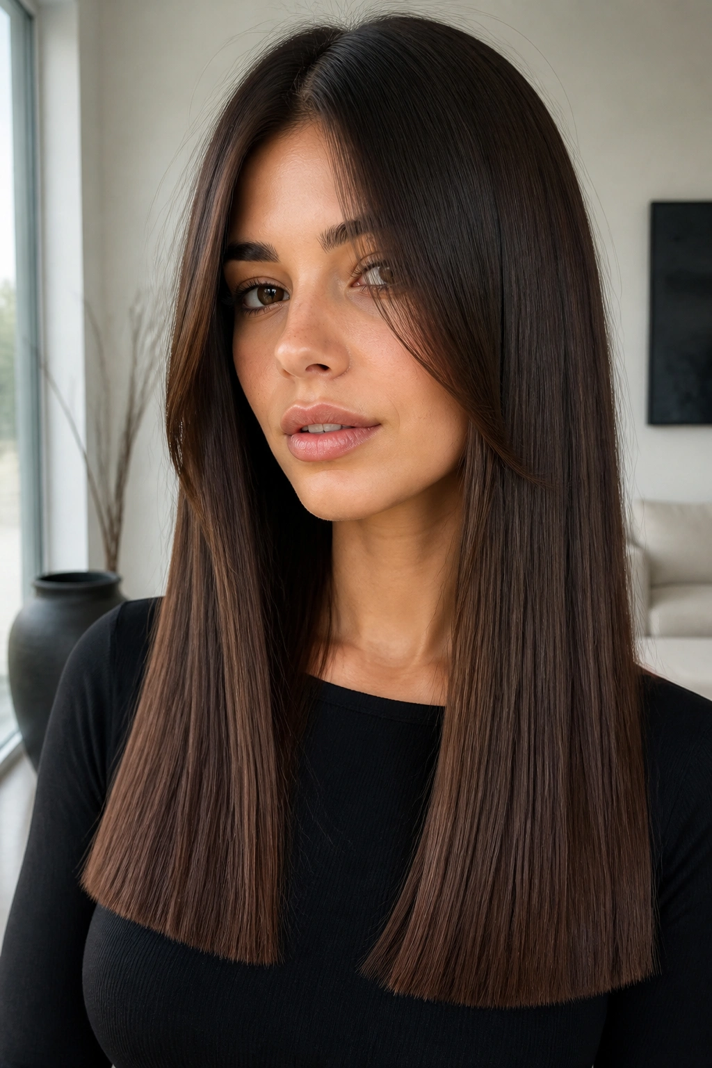 Close-up of real person with long blunt cut and soft face-framing pieces in a modern home.