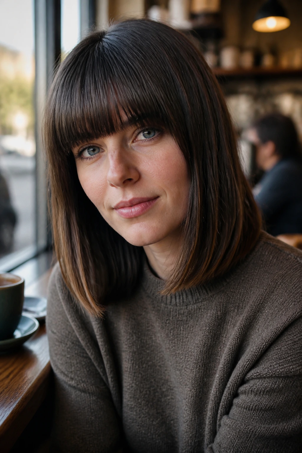 Close-up of a real woman with long bob and blunt fringe
