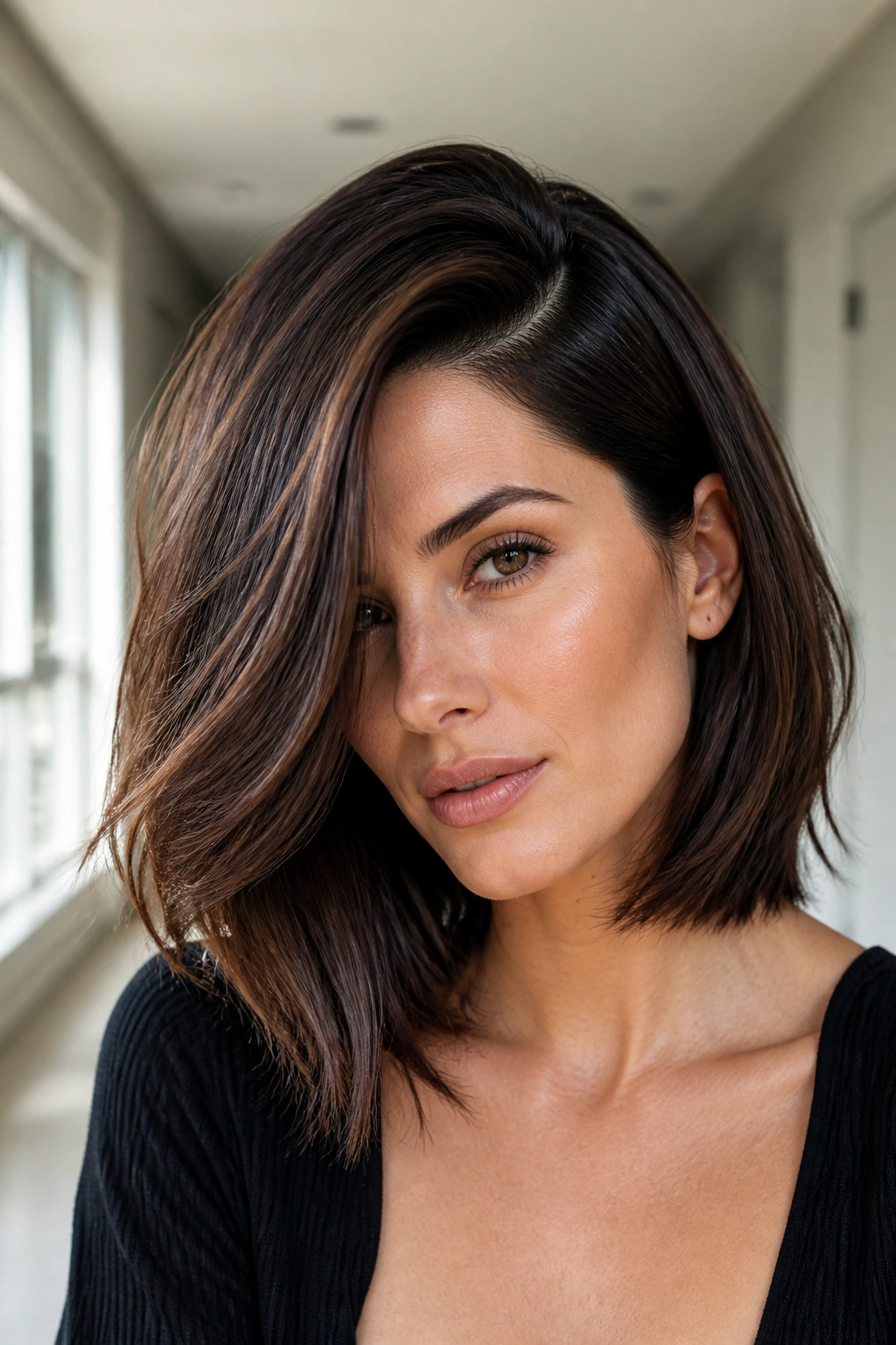 Close-up of brunette with deep side-part long bob