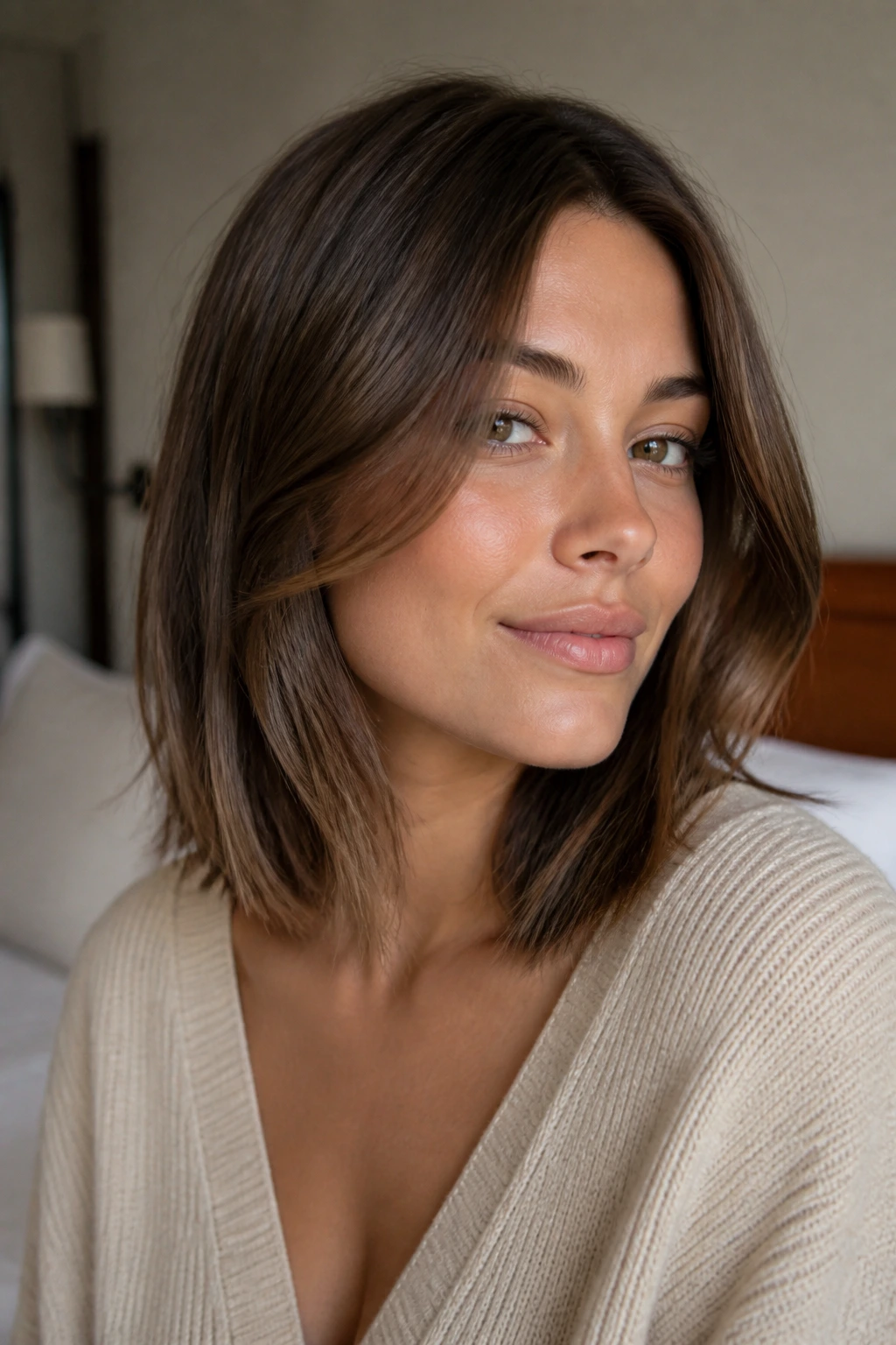 Close-up portrait of a real woman with a long bob featuring cheekbone layers and gentle front movement