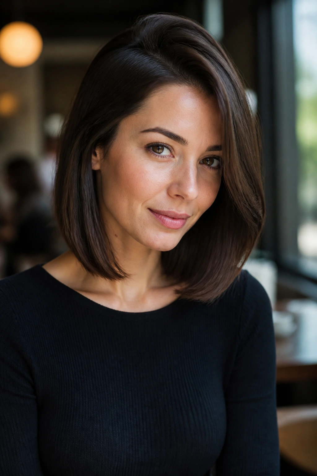 Portrait of a real woman with a long bob and deep side part