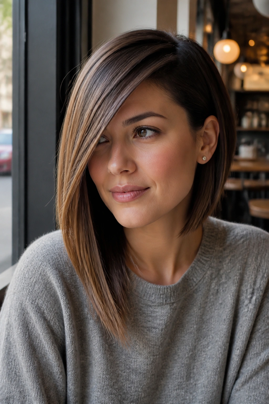 Close-up of a real woman with a deep side swept asymmetrical bob in a cafe window setting