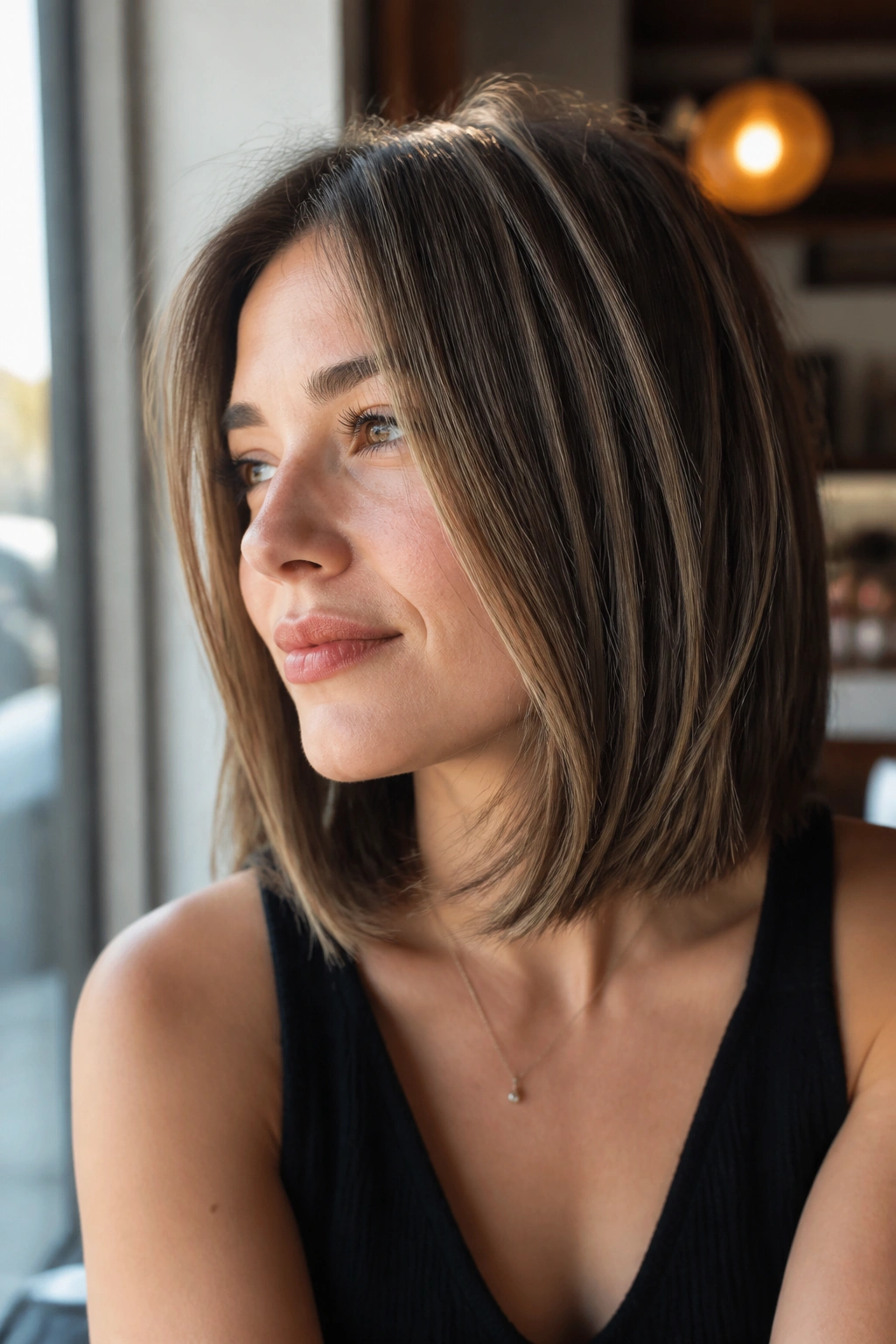 Real woman with collarbone-length long bob and gentle bend in a sunlit cafe.