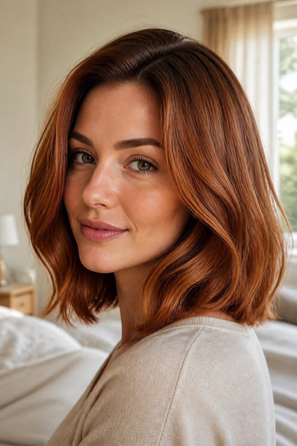 Close-up portrait of a real woman with a long bob and gentle bend in auburn copper tones.