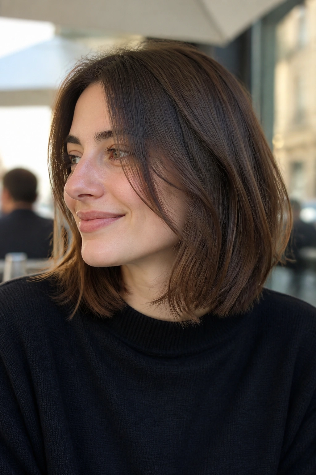 Shoulder-up portrait of a real person with a long bob and hidden layers in daylight outdoors