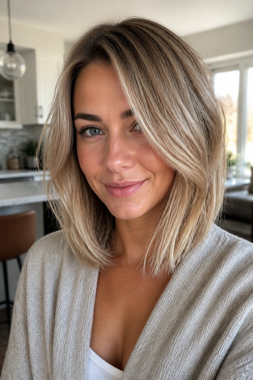 Close-up of a woman with a long bob featuring hidden internal layers in a bright home setting