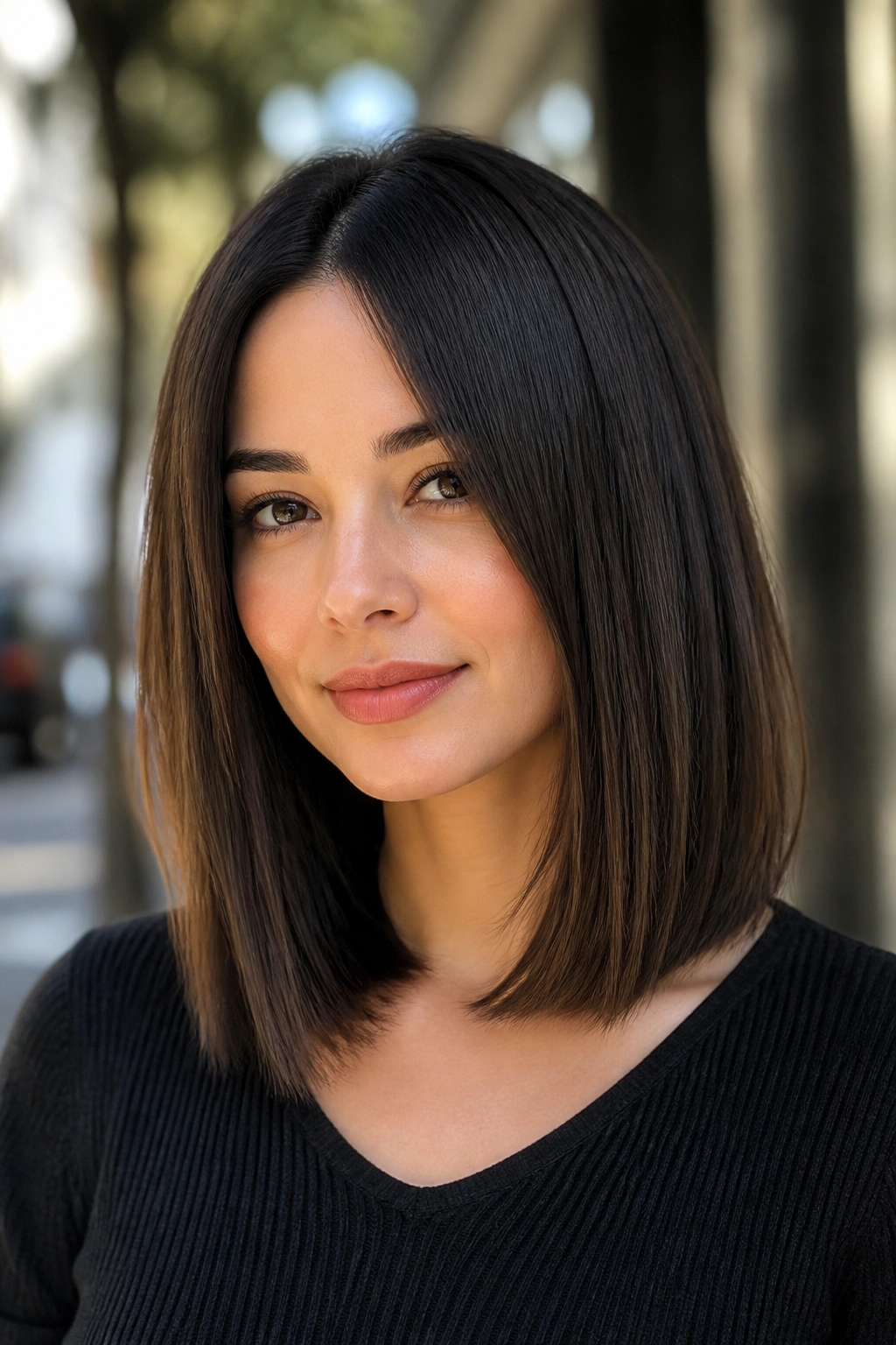 Long bob with hidden internal layers on a real woman, outer edge blunt with inner volume