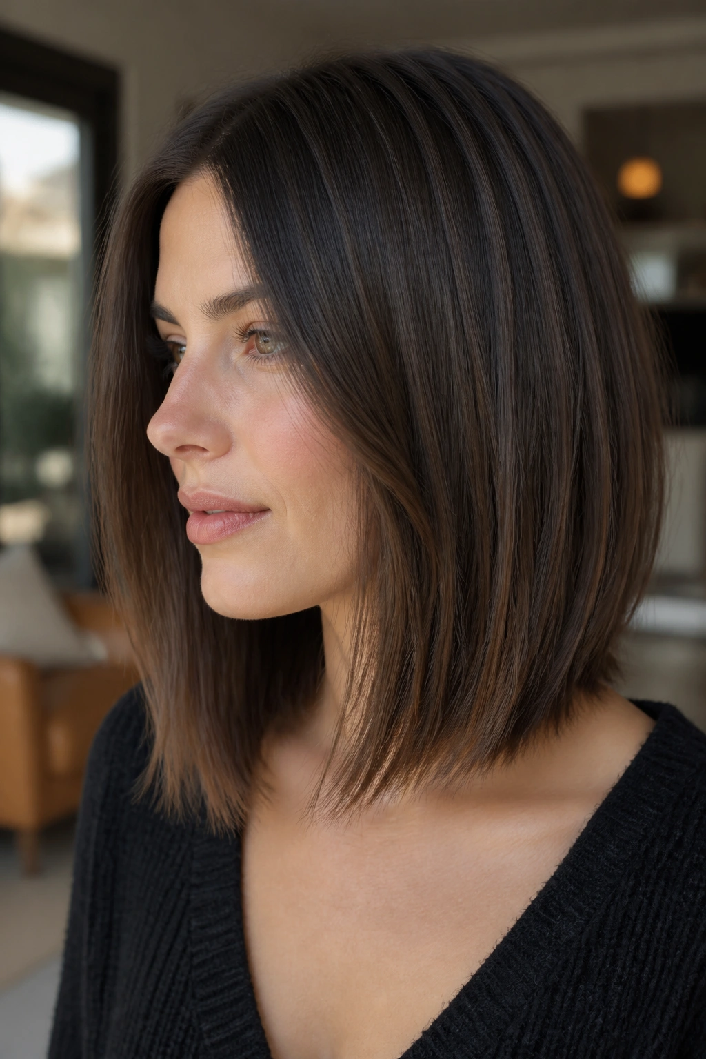 Close-up portrait of a real woman with a shoulder-length long bob showing invisible interior layers