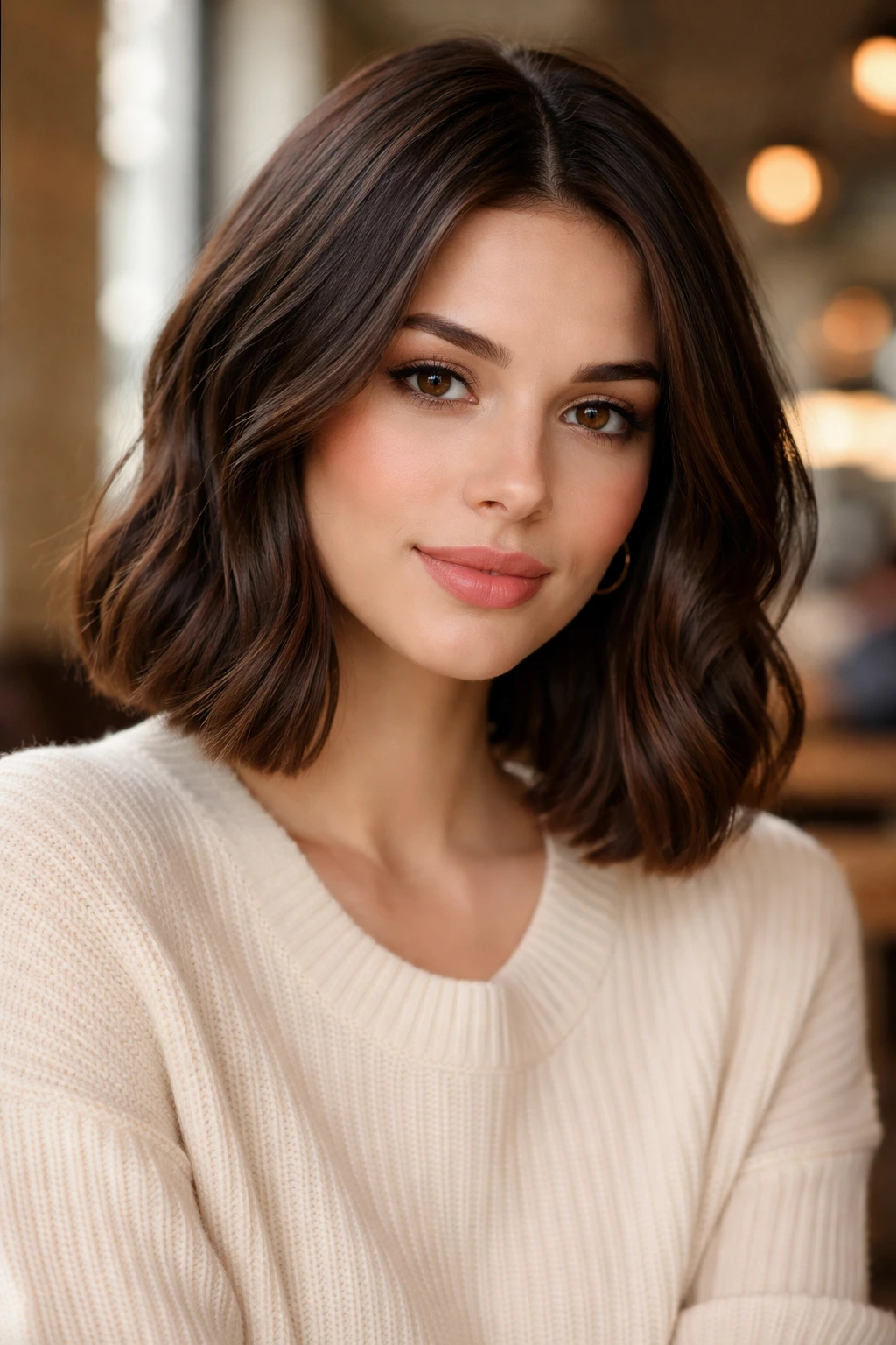 Close-up of real brunette with long bob hitting below the chin.