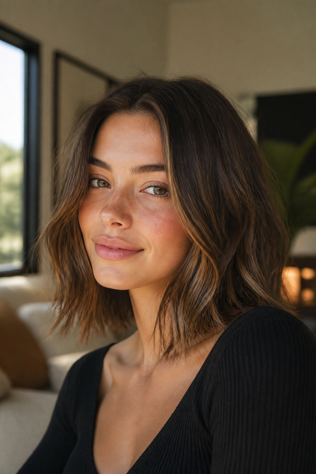 Close-up portrait of a real girl with a shoulder-length long bob