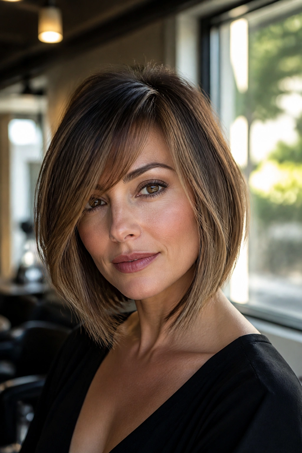 Close-up of a woman with a long bob, side bangs, and lifted roots in warm salon light