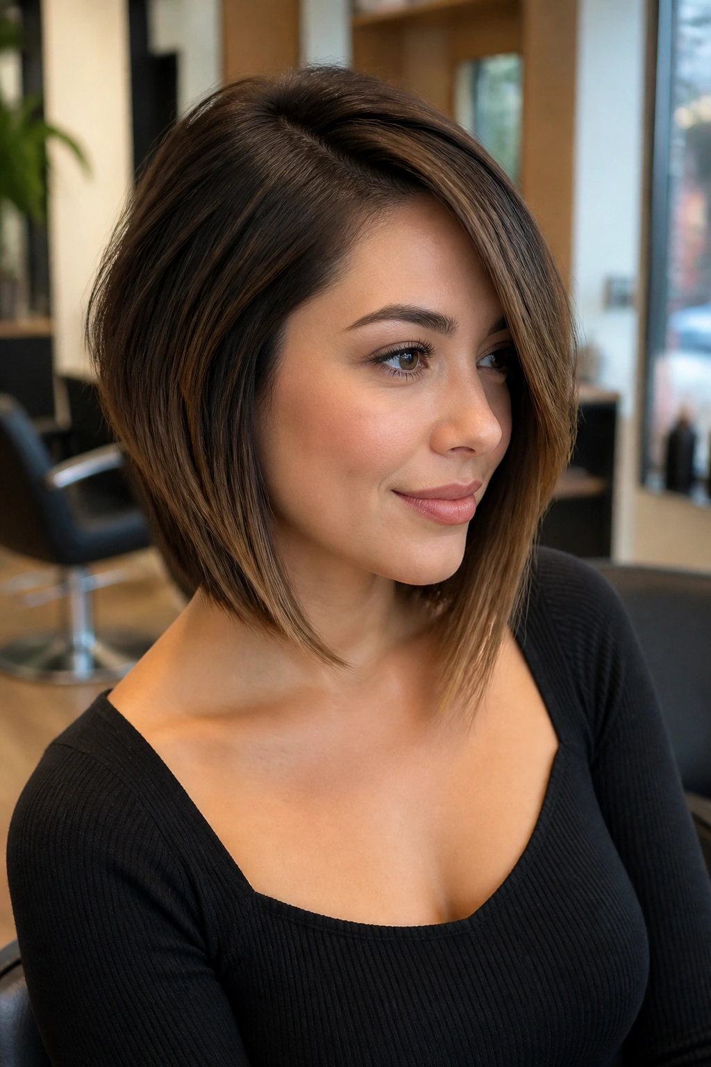 Close-up portrait of a real woman with a deep side-part long bob for round faces.