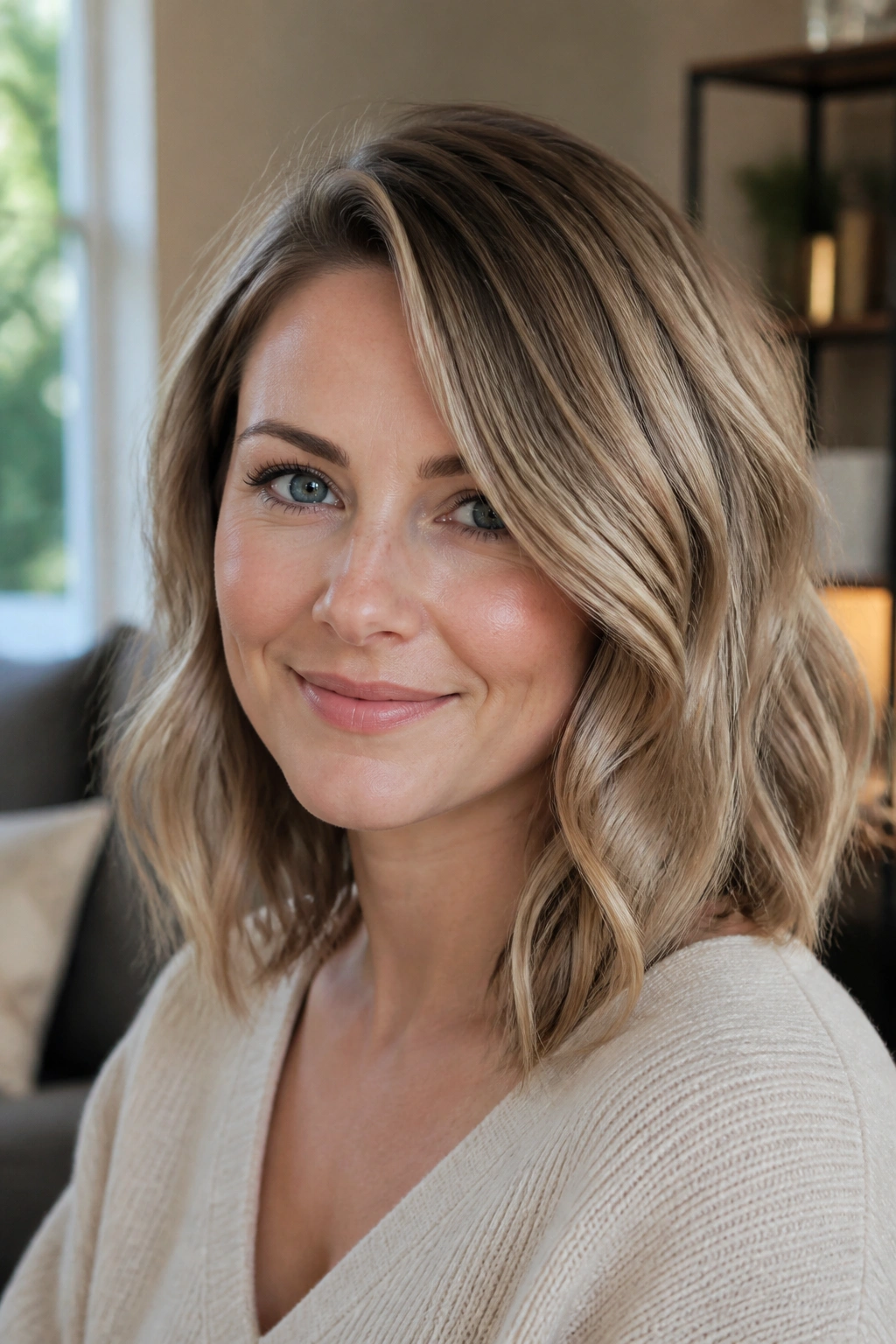 Close-up of long bob with deep side part and loose waves on real person.