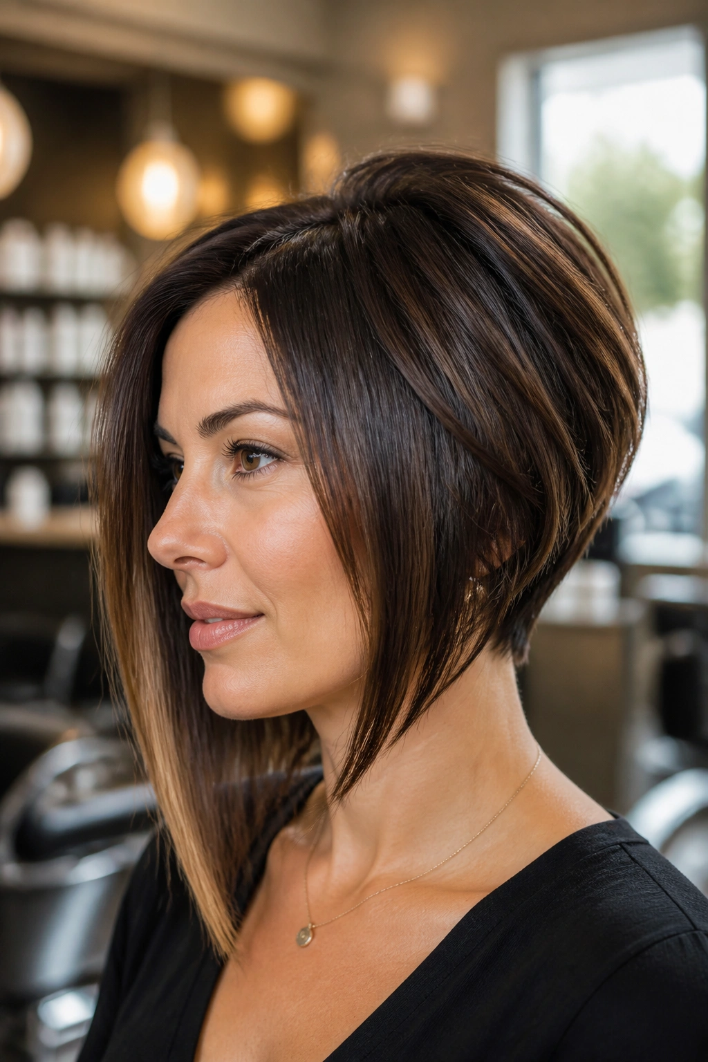 Close-up portrait of a real woman with long asymmetrical bob featuring stacked back volume and crown lift