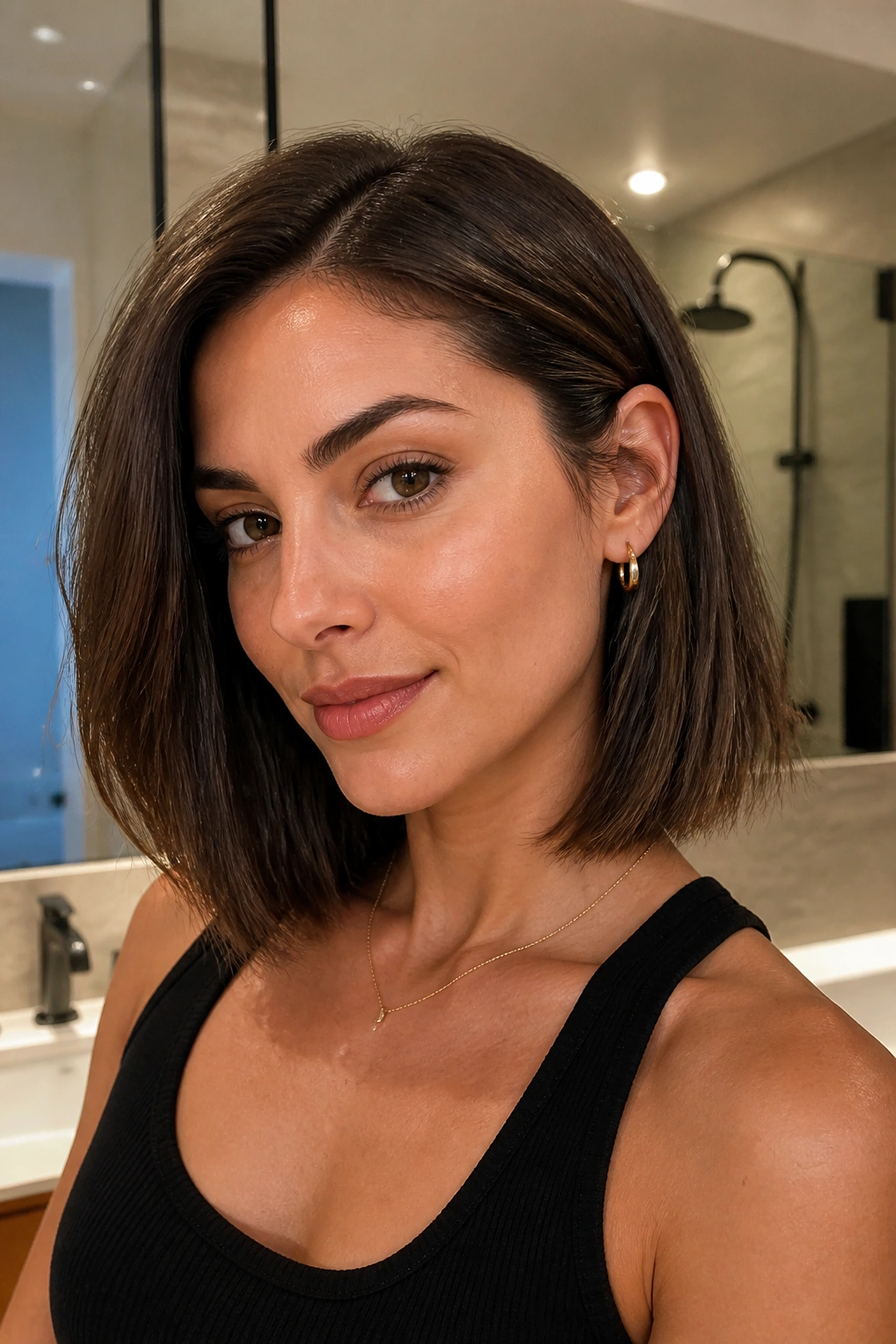 Close-up portrait of a real woman with a long bob and tuck-behind styling