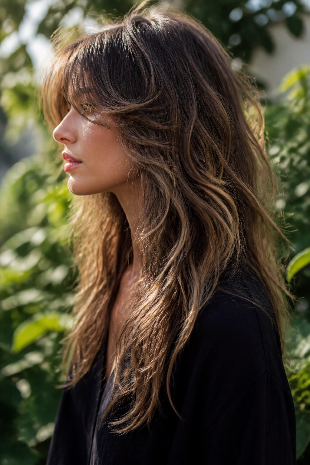 Side-profile of a real person with a long bohemian shag in natural outdoor light