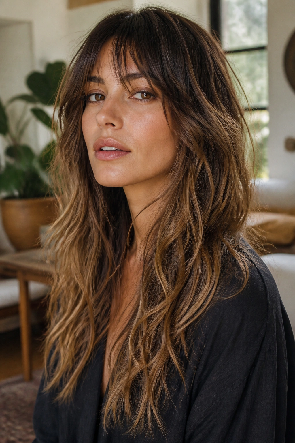 Portrait of a person with long boho shag and feathered ends in a cozy living room