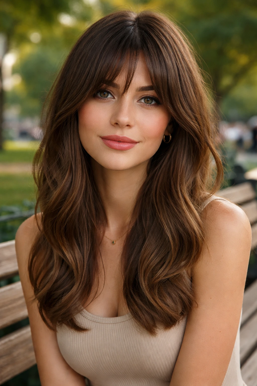 Close-up portrait of a real person with long bottleneck bangs