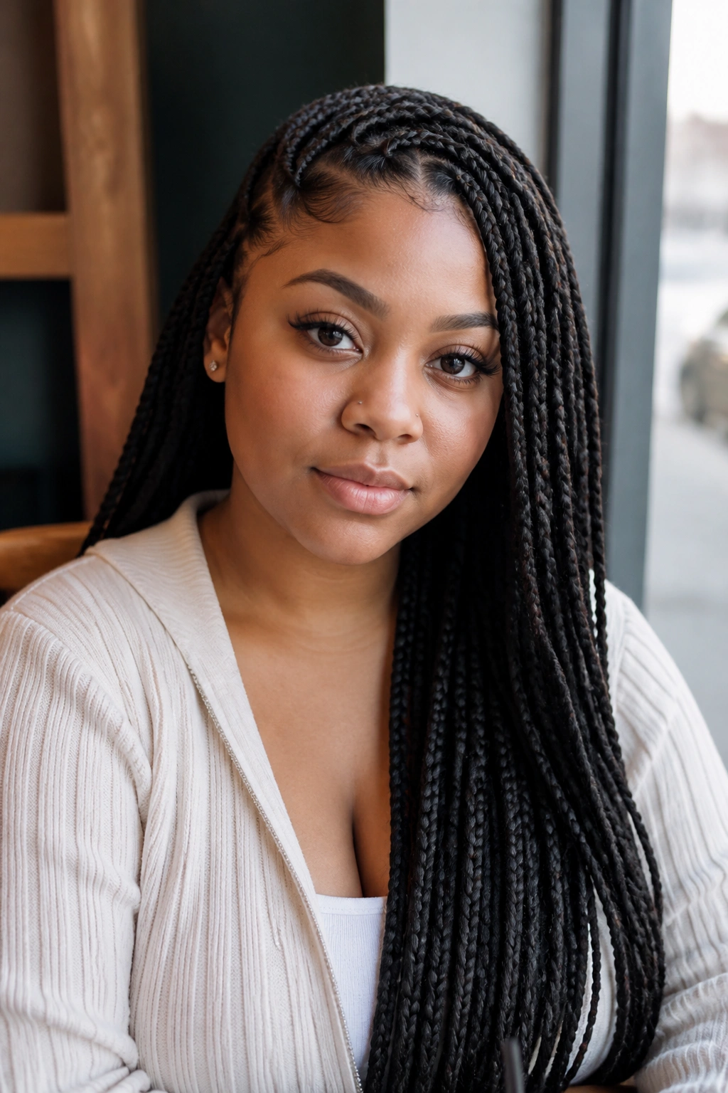 Real woman with long box braids and a deep side part in cafe daylight