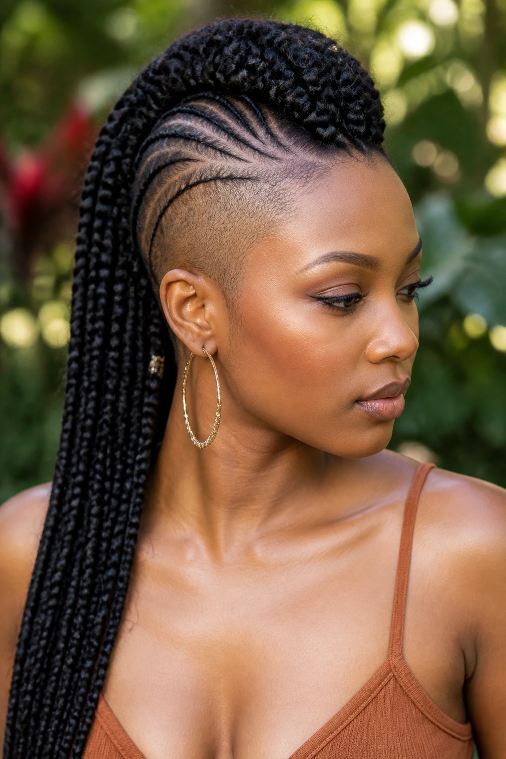 Close-up of a Black woman with a long braided mohawk