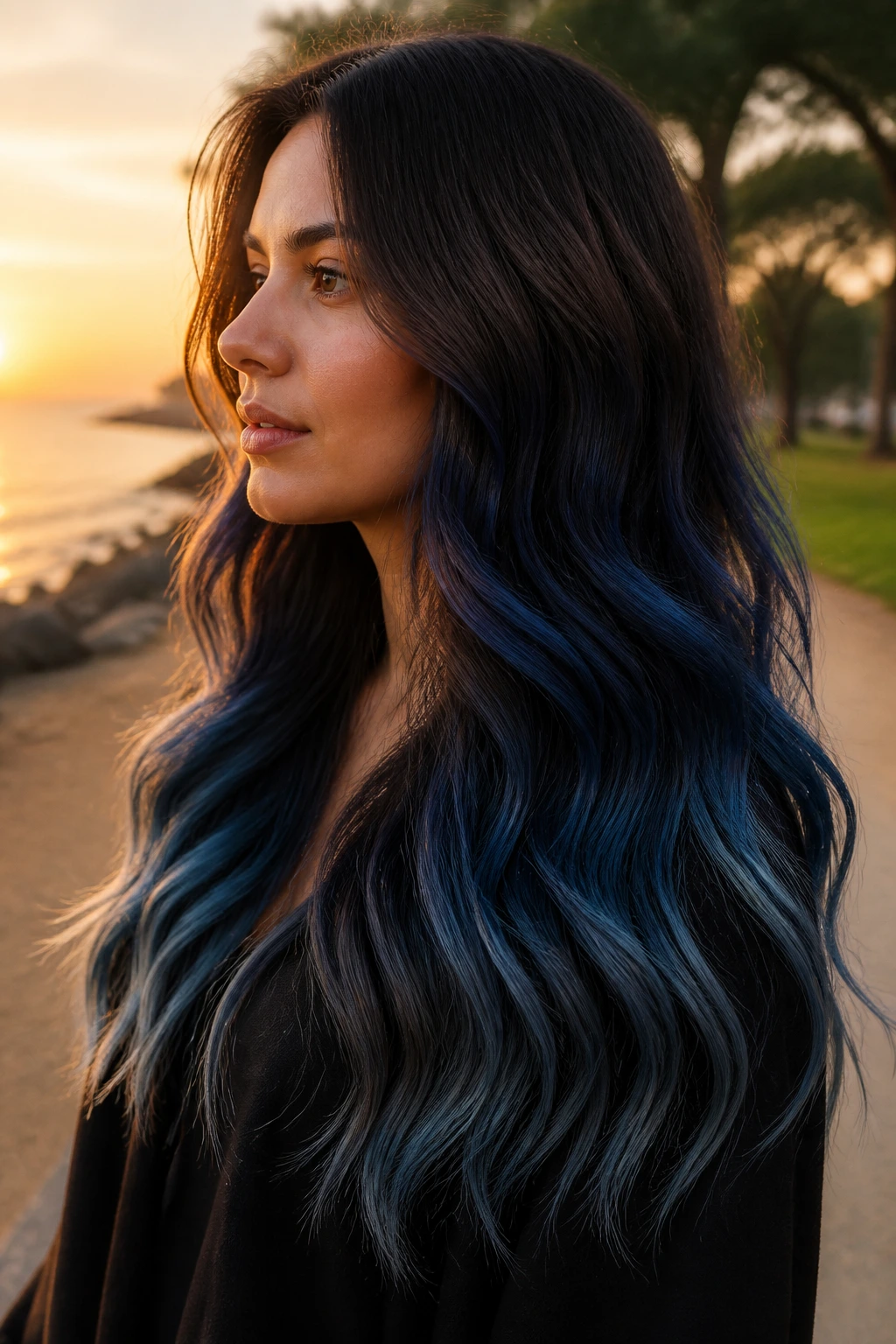 Long brown layers with sapphire-to-denim gradient in soft waves