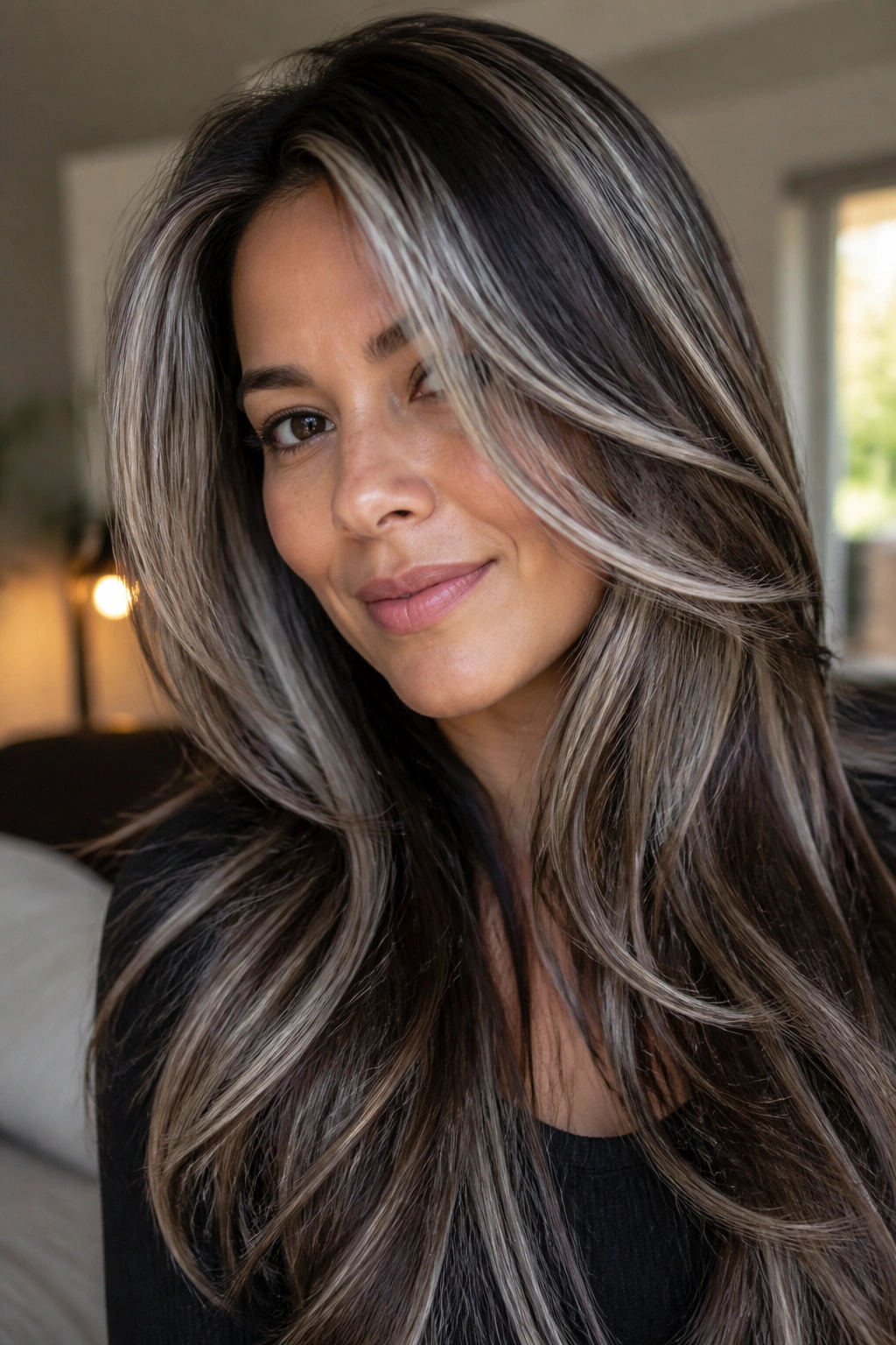 Close-up portrait of a real woman with long brown layered hair and stair-step silver highlights.