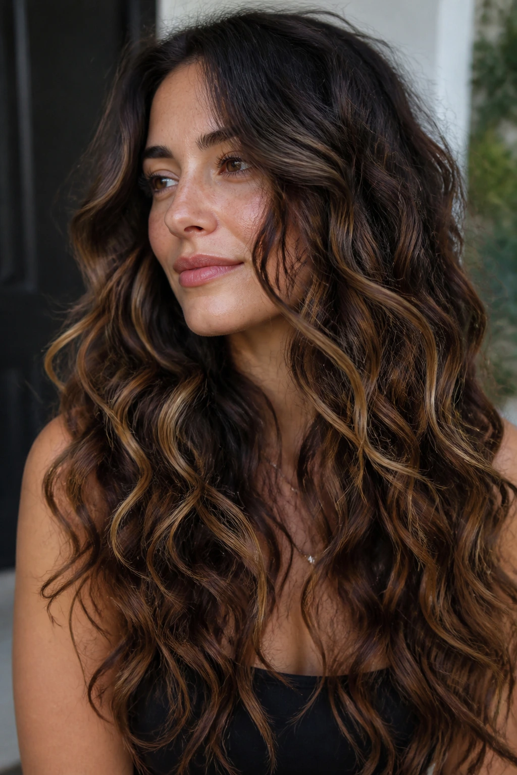 Real woman with long brunette curls and broken-up caramel highlights in natural light