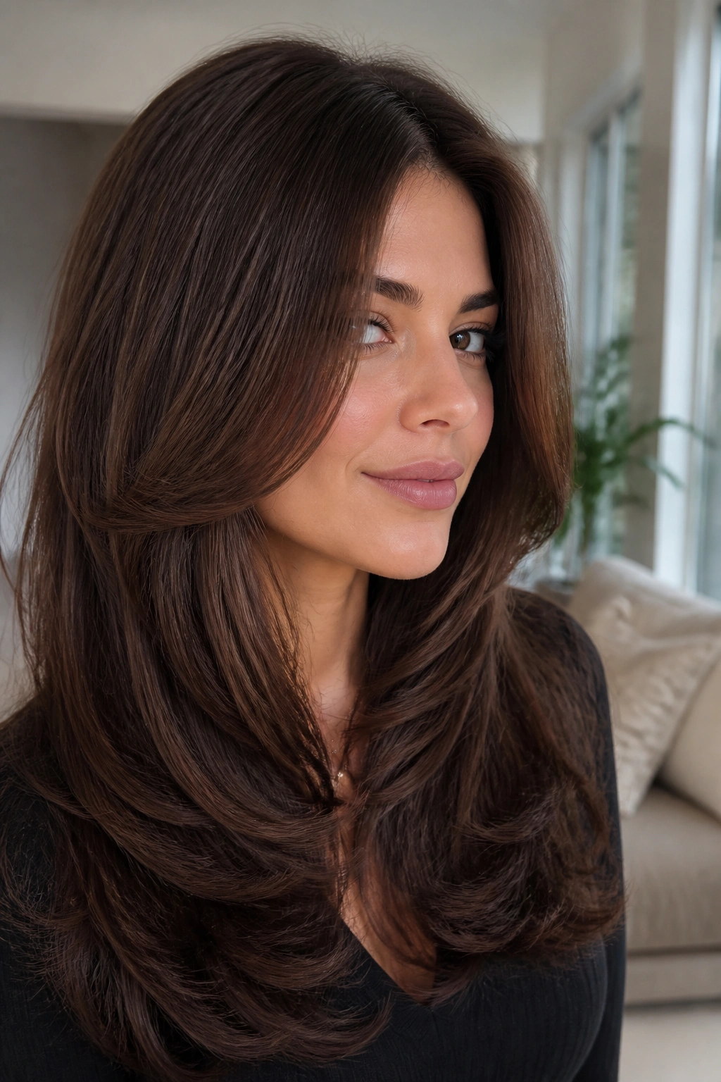Close-up portrait of a real woman with Long C-Cut Layers showing a soft face-framing curve
