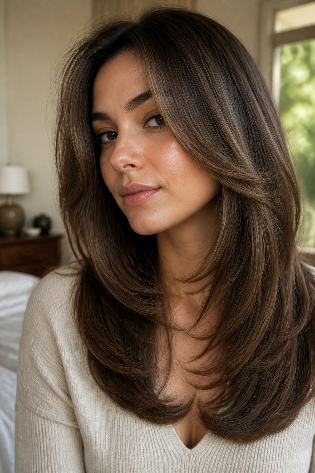 Close-up portrait of a real woman with Long C-Cut Layers with Inward Bevel on long hair