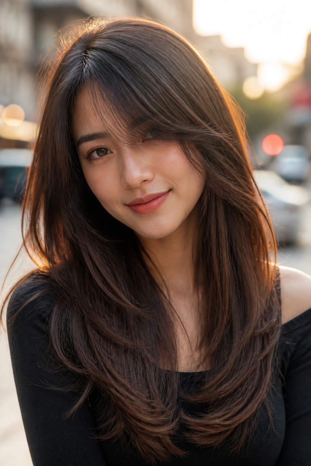 Portrait of a woman with a long C-cut and side fringe