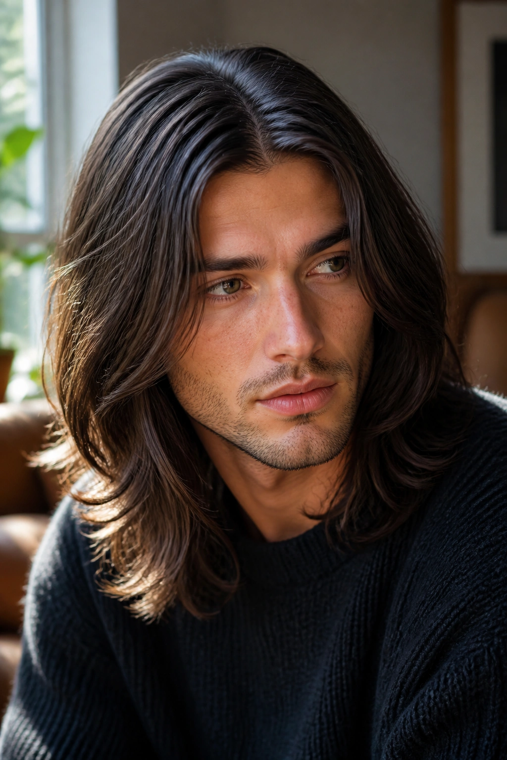 Close-up of a real person with long center-parted layered hairstyle.