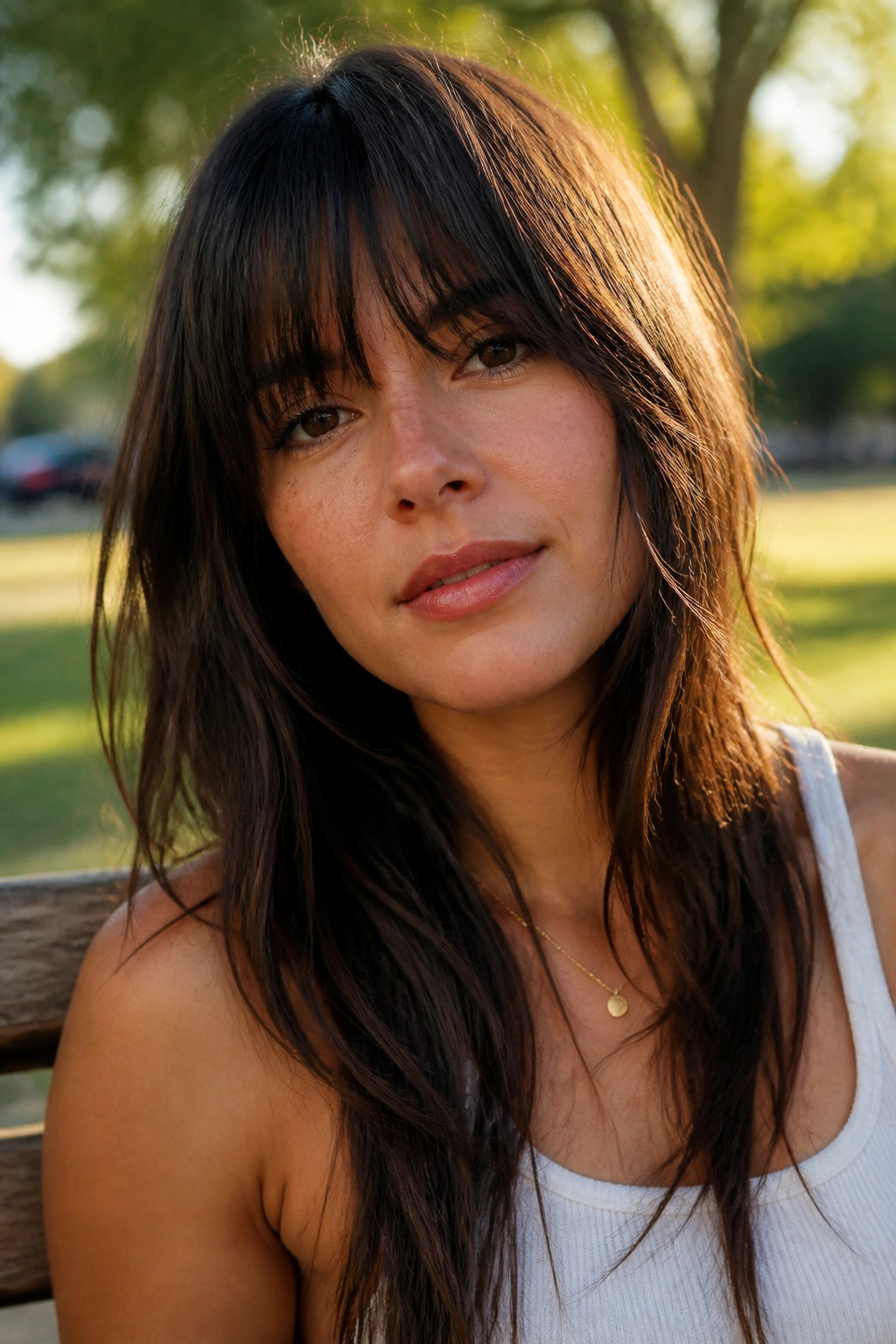 Close-up of a real woman with long choppy bangs skimming the eyes in golden hour light