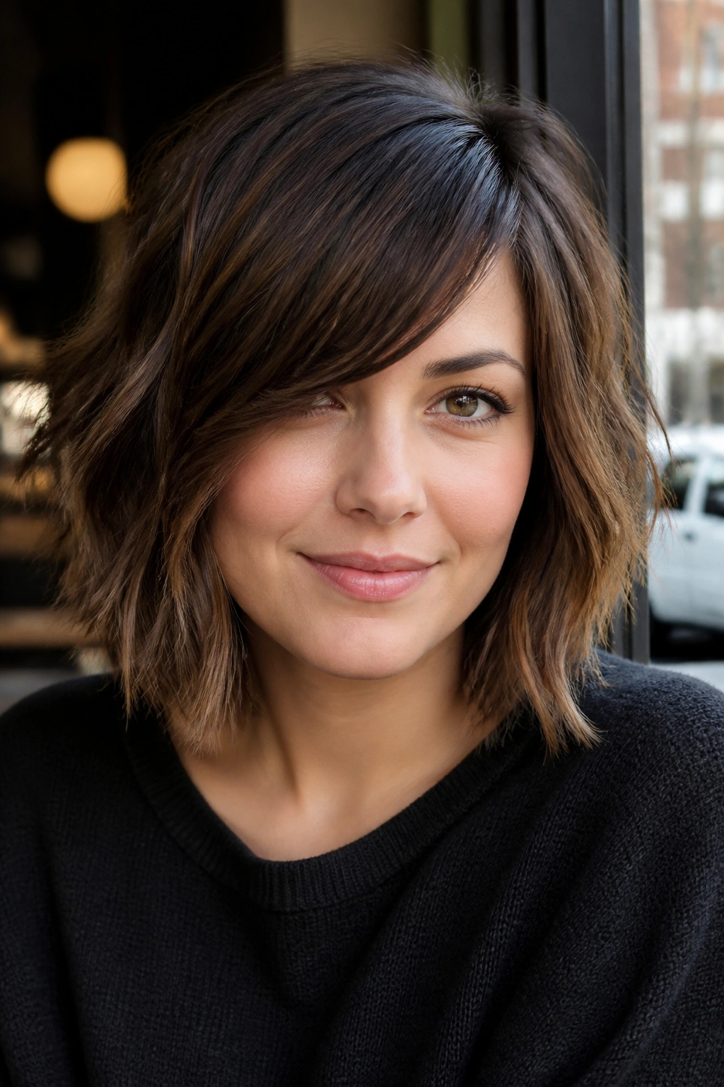 Portrait of real woman with long choppy bob and diagonal fringe in daylight