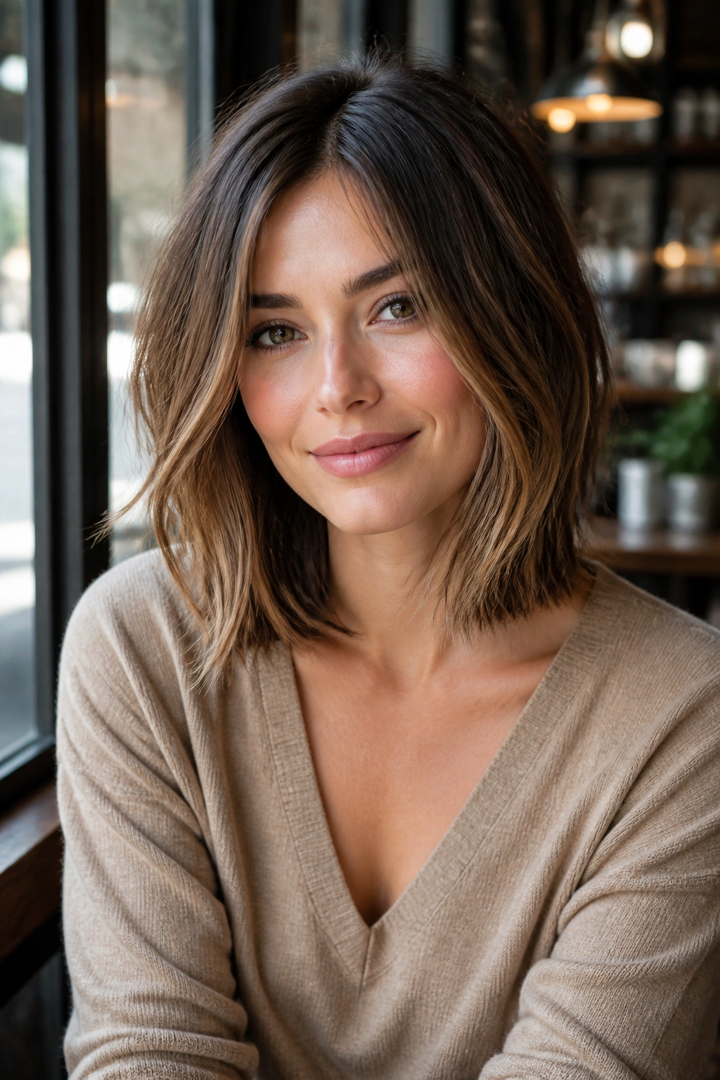 Close-up of a real woman with a long choppy bob that grows out well, natural daylight