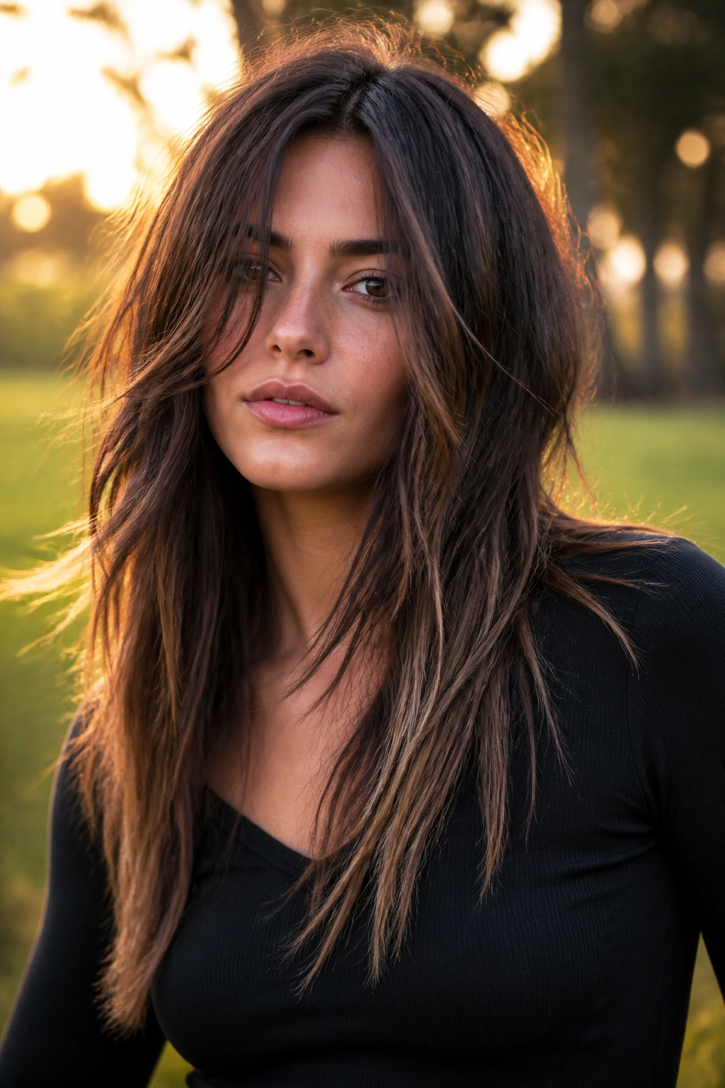 Close-up of a real person with long choppy hair and broken ends in golden hour light