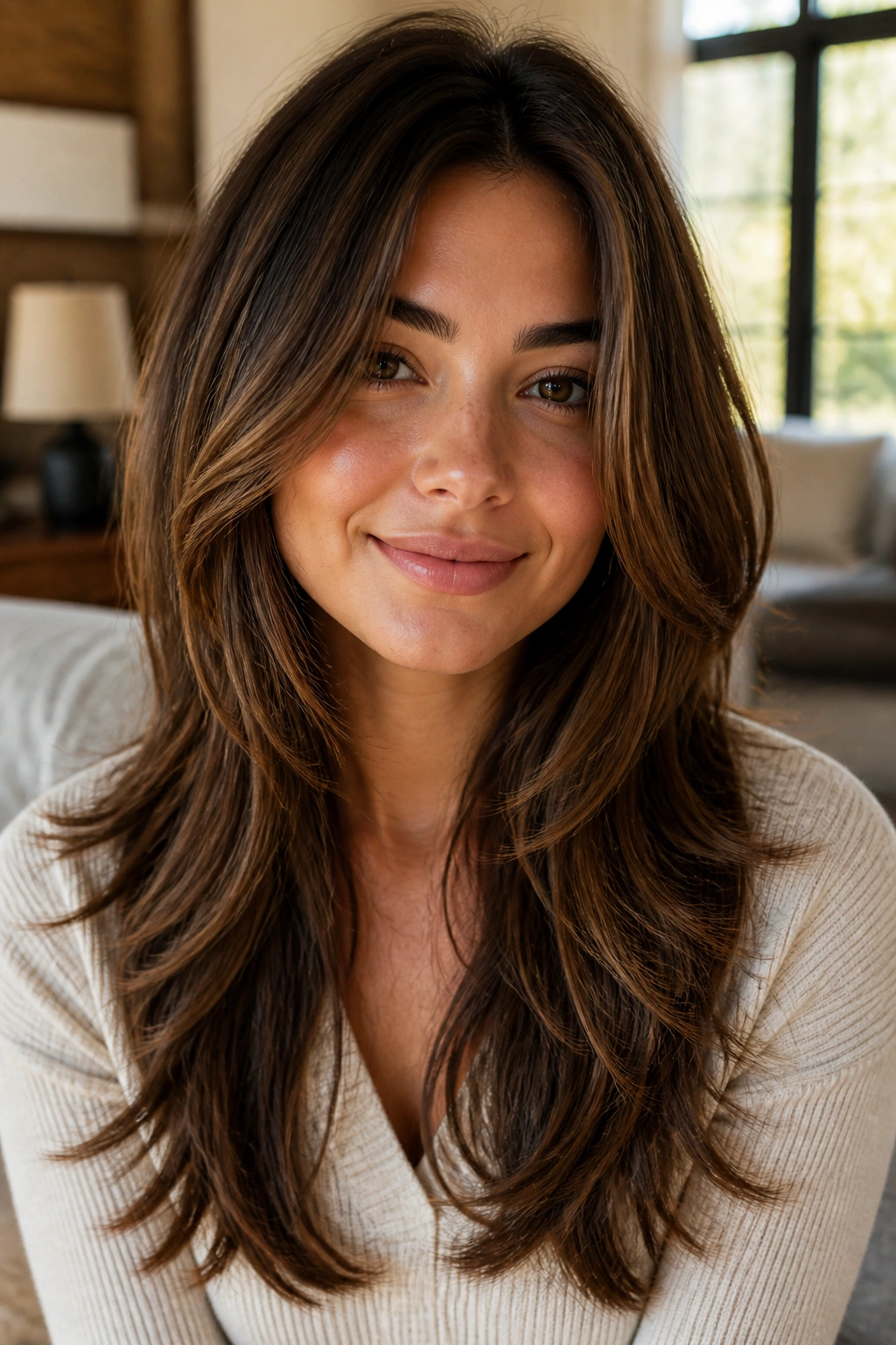 Close-up of a real woman with long choppy layers on thick hair in a sunlit room