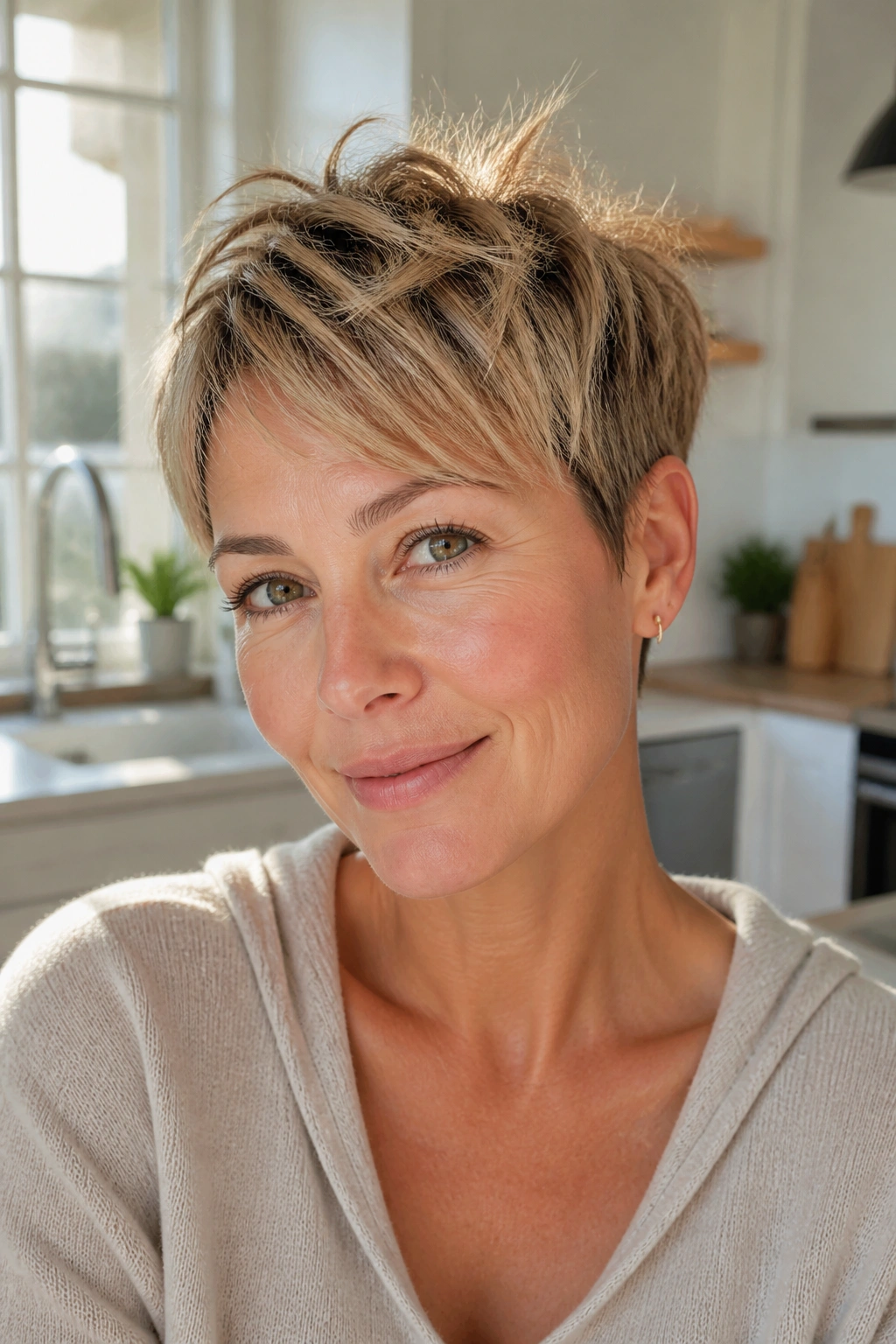 Close-up portrait of a real woman with long-crown choppy pixie hairstyle