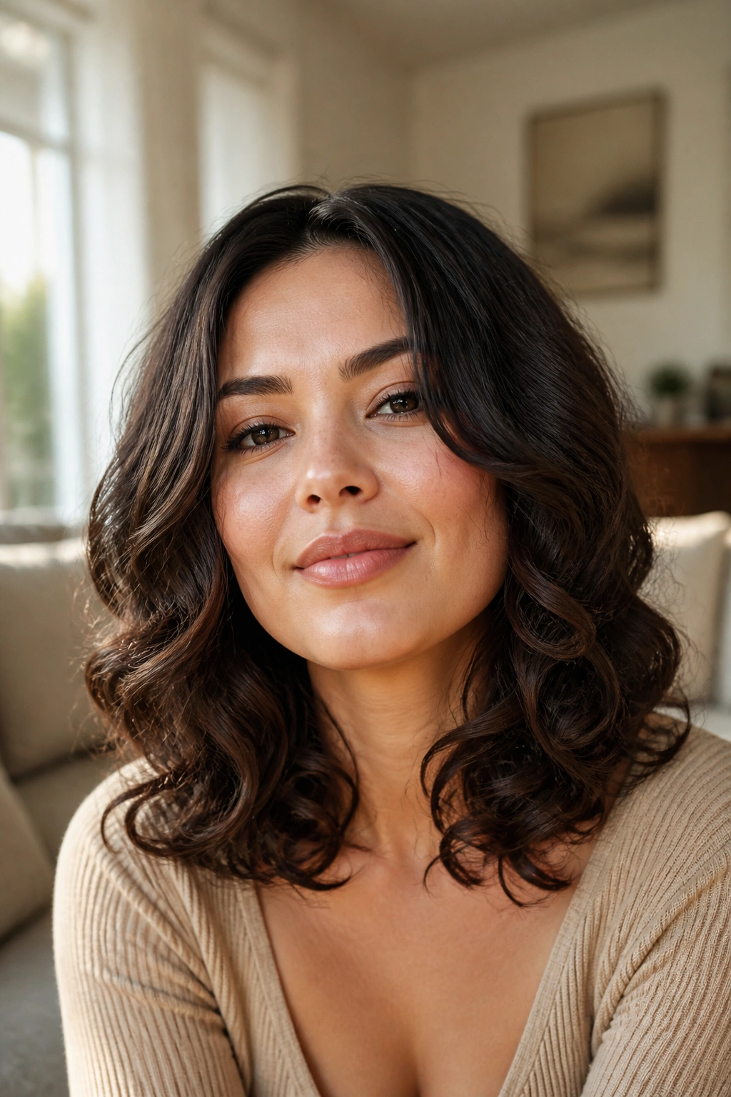 Close-up of a real woman with curls below the jawline, soft lighting