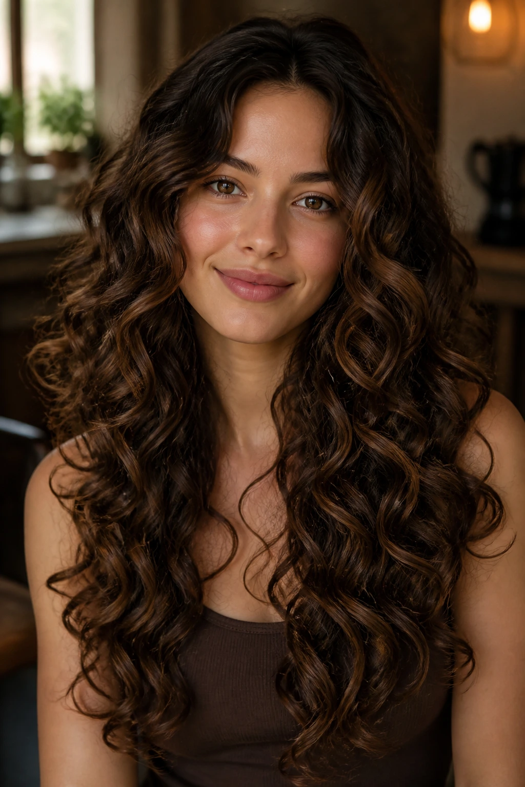 Real woman with long brown curls creating elongated silhouette on face