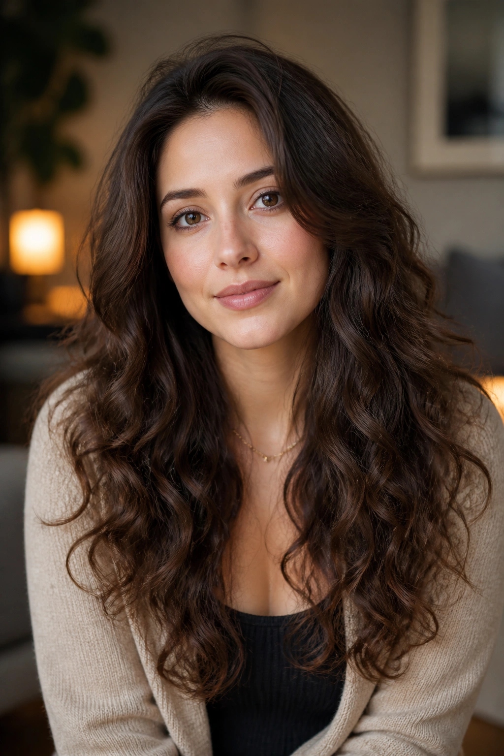 Close-up of a real woman with long curls brushed out into soft volume.