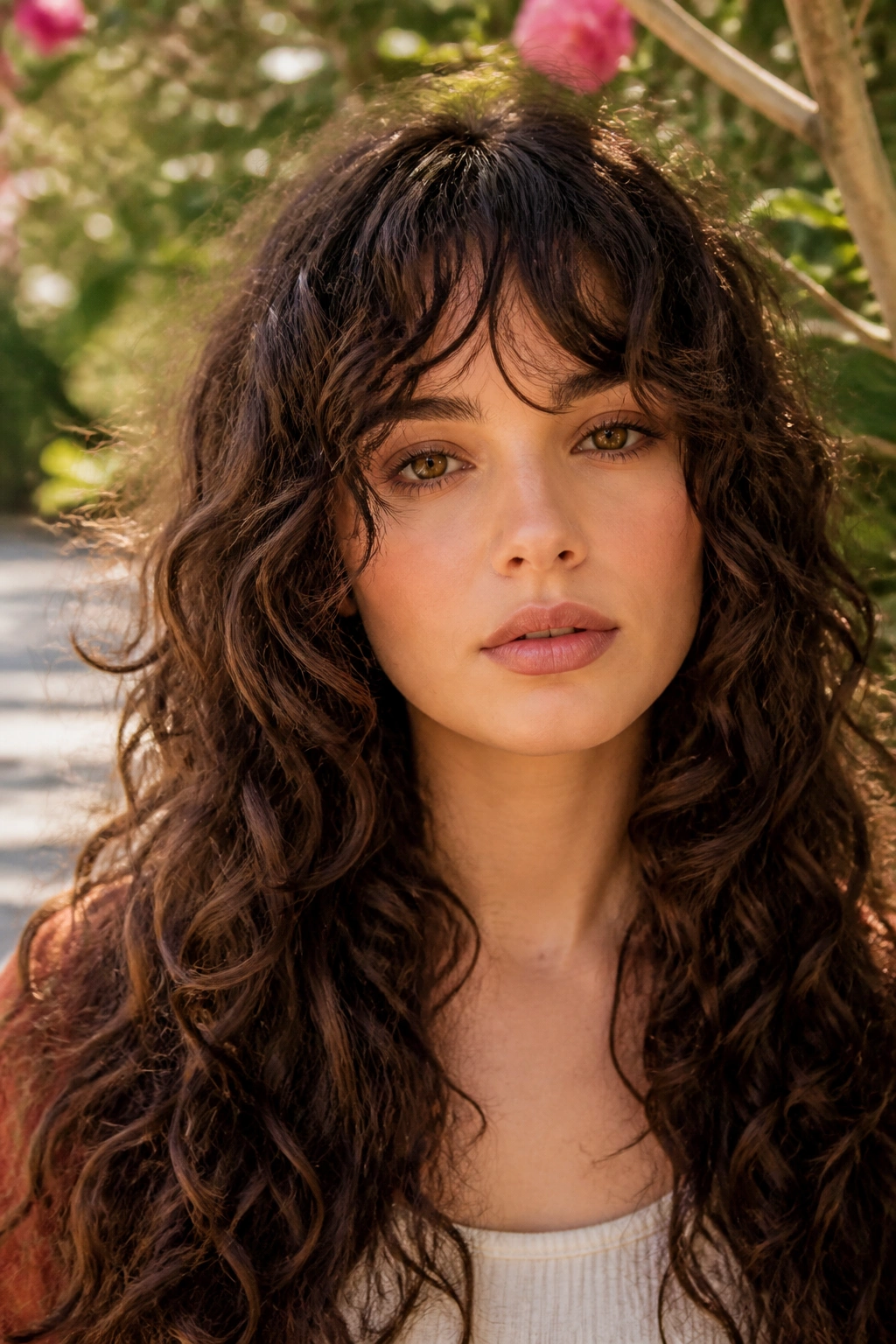 Real woman with long curls and shattered fringe in a sunlit garden.