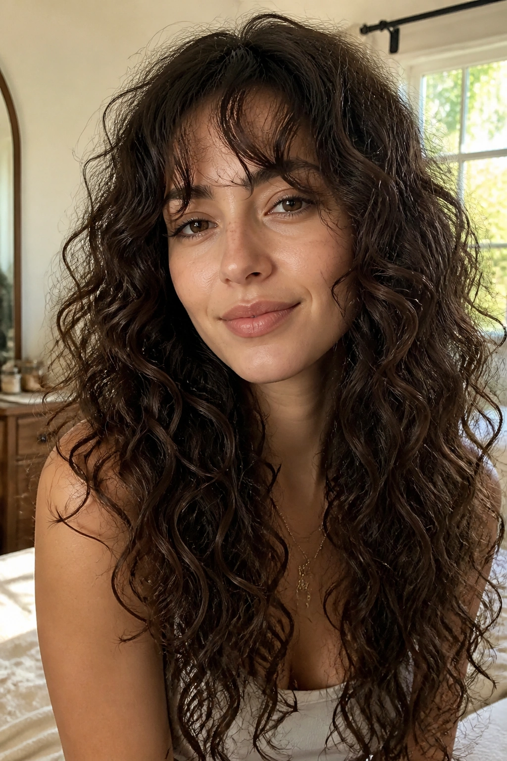 Close-up of a real woman with long curls and a soft, airy fringe framing the face.
