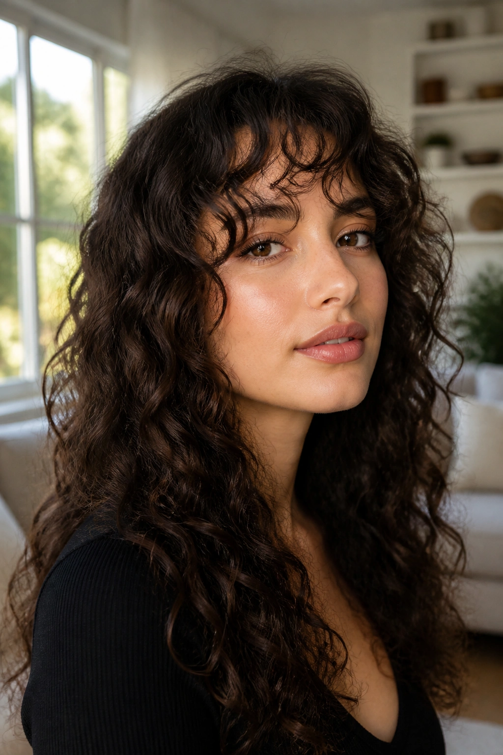 Close-up of a real woman with long curly half bangs framing the eyes.